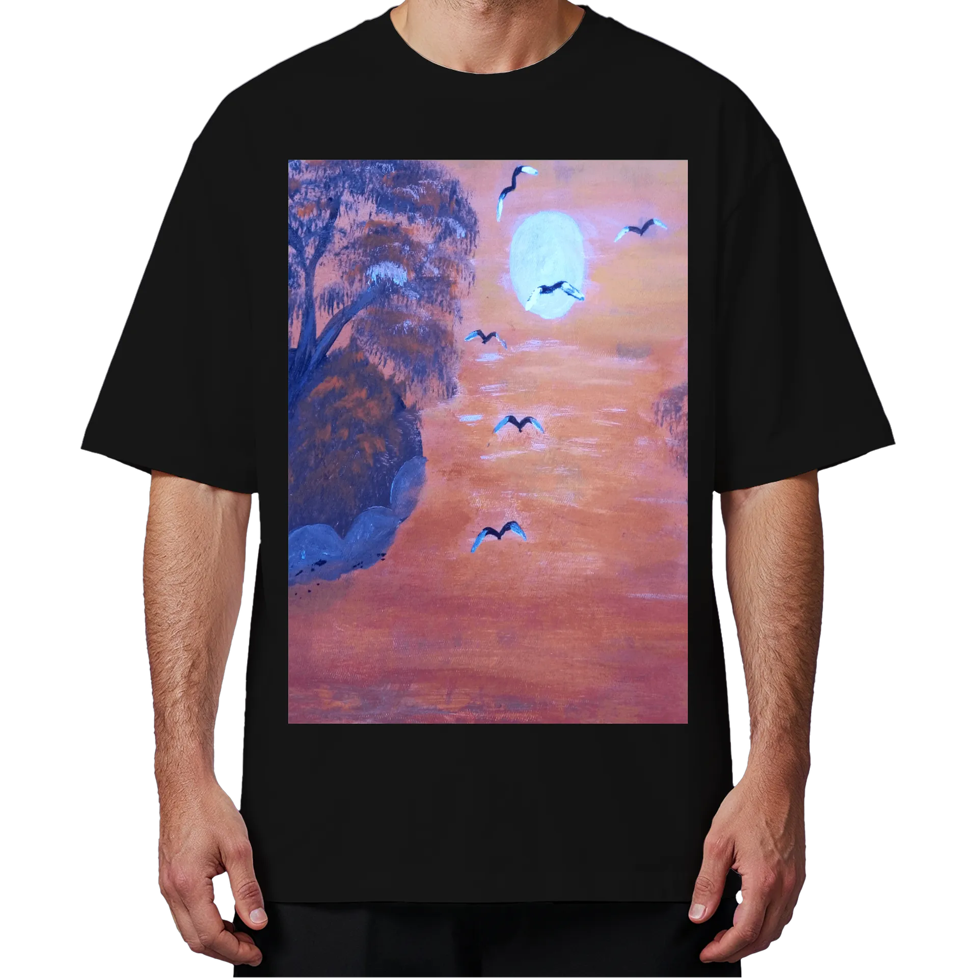 Camiseta Oversized Paisagem Pintada com Lua e Aves ao - Imagem 4